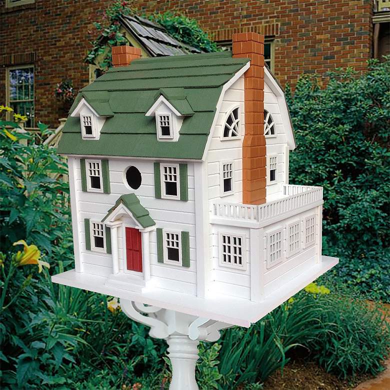 Dutch Colonial White Wood Birdhouse with Green Roof more views