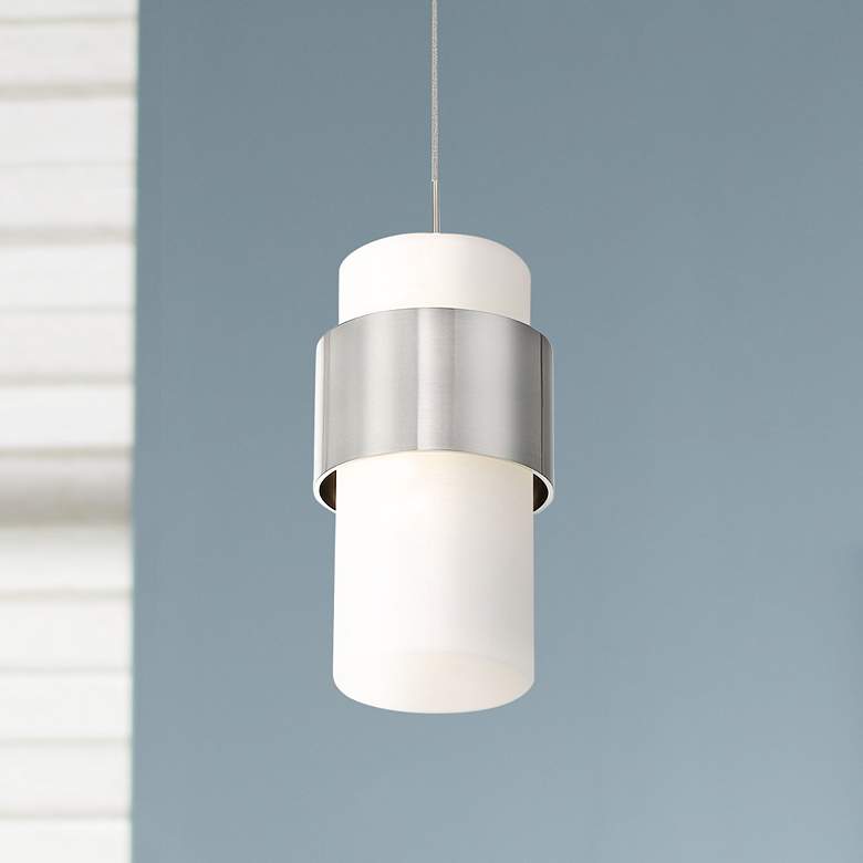 Image 1 dweLED Banded 5 inchW Brushed Nickel and White LED Mini Pendant