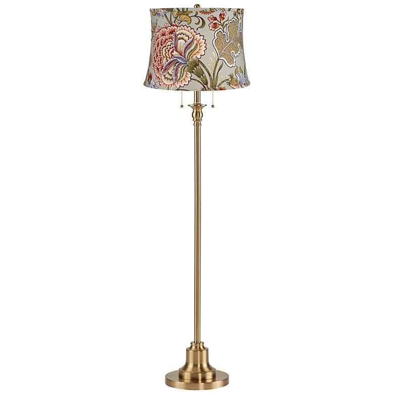Image 1 Dyna 58" High Antique Brass and Sage Floral Shade 2-Light Floor Lamp