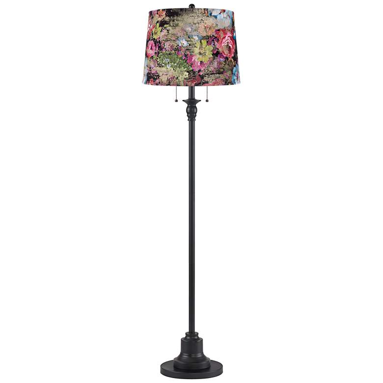 Image 1 Dyna 58" High Black and Floral Velvet Shade 2-Light Floor Lamp
