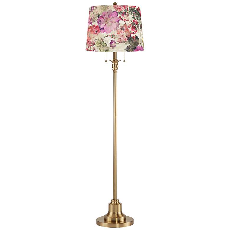Image 1 Dyna 58"H Antique Brass and Floral Velvet Shade 2-Light Floor Lamp