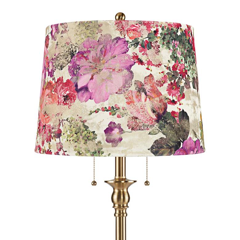 Image 2 Dyna 58"H Antique Brass and Floral Velvet Shade 2-Light Floor Lamp more views
