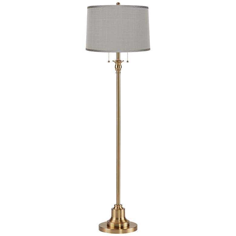 Image 1 Dyna 58"H Antique Brass and Gray Faux Silk Shade 2-Light Floor Lamp