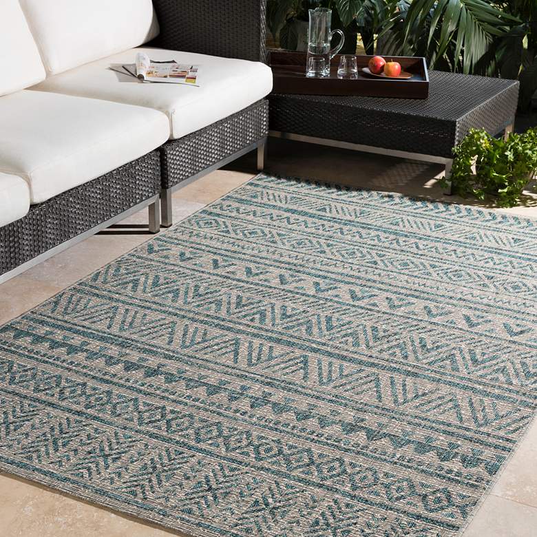 Image 1 Eagean EAG-2307 5'3"x7'7" Aqua and Gray Outdoor Area Rug