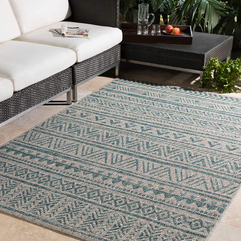 Image 1 Eagean EAG-2307 5&#39;3 inchx7&#39;7 inch Aqua and Gray Outdoor Area Rug