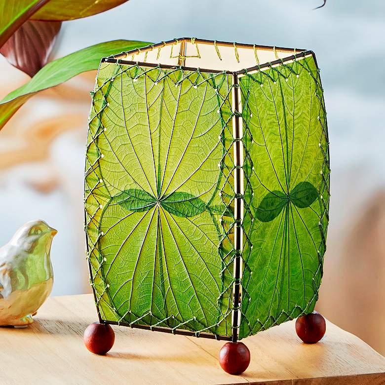 Image 1 Eangee 8 inch High Mini Square Green Accent Lamp with Leaf Shade