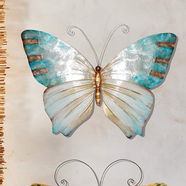 Image 1 Eangee Butterfly 18 inchW Pearl and Aqua Capiz Shell Wall Decor