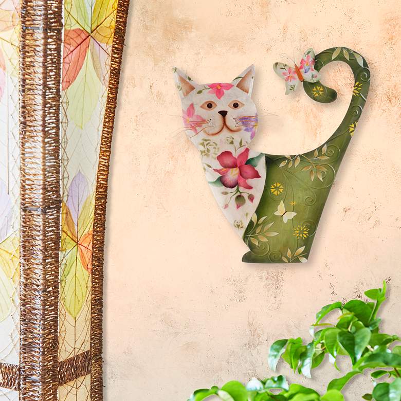 Image 1 Eangee Cat 14" High White and Green Metal Wall Decor