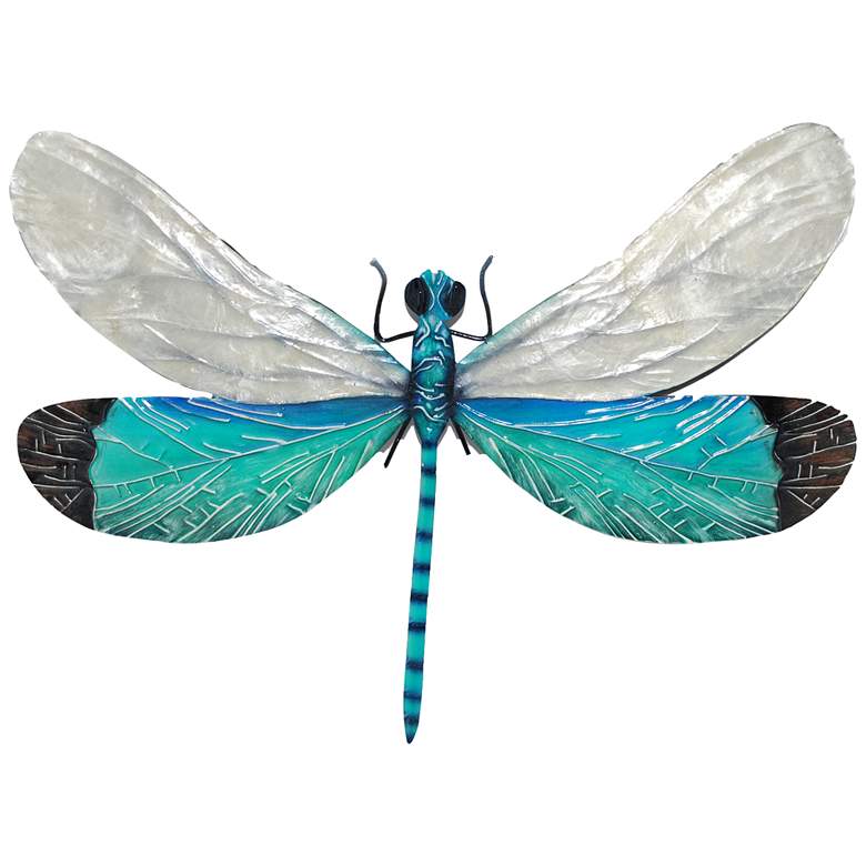 Image 1 Eangee Dragonfly 12 inchW White and Aqua Capiz Shell Wall Decor