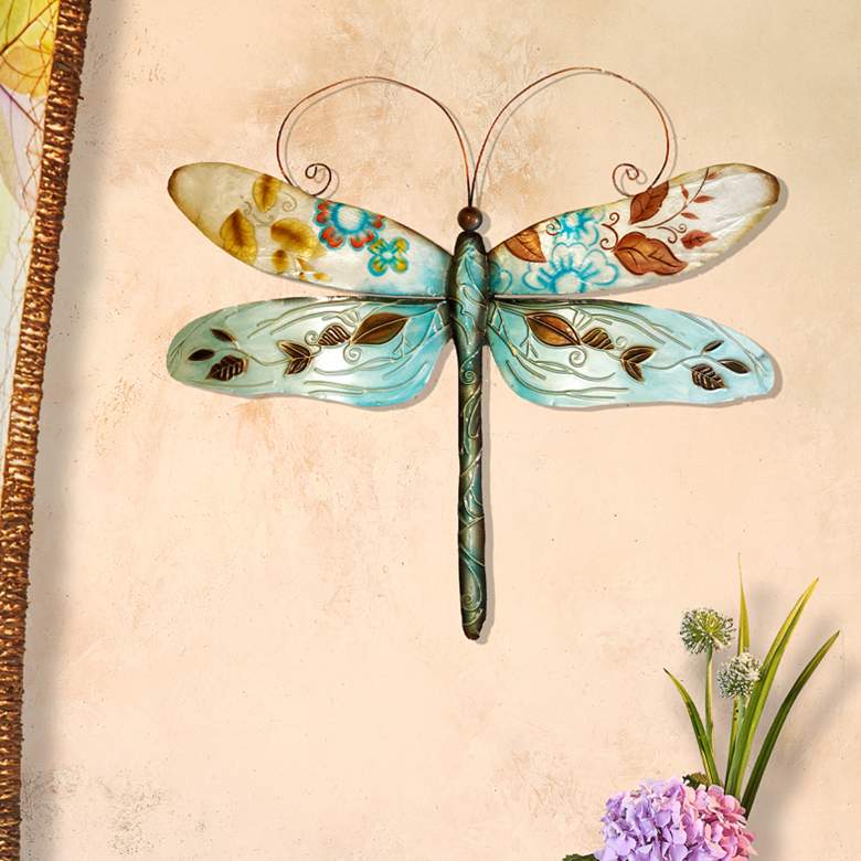 Image 1 Eangee Dragonfly 14 inch Wide Blue and Pearl Metal Wall Decor