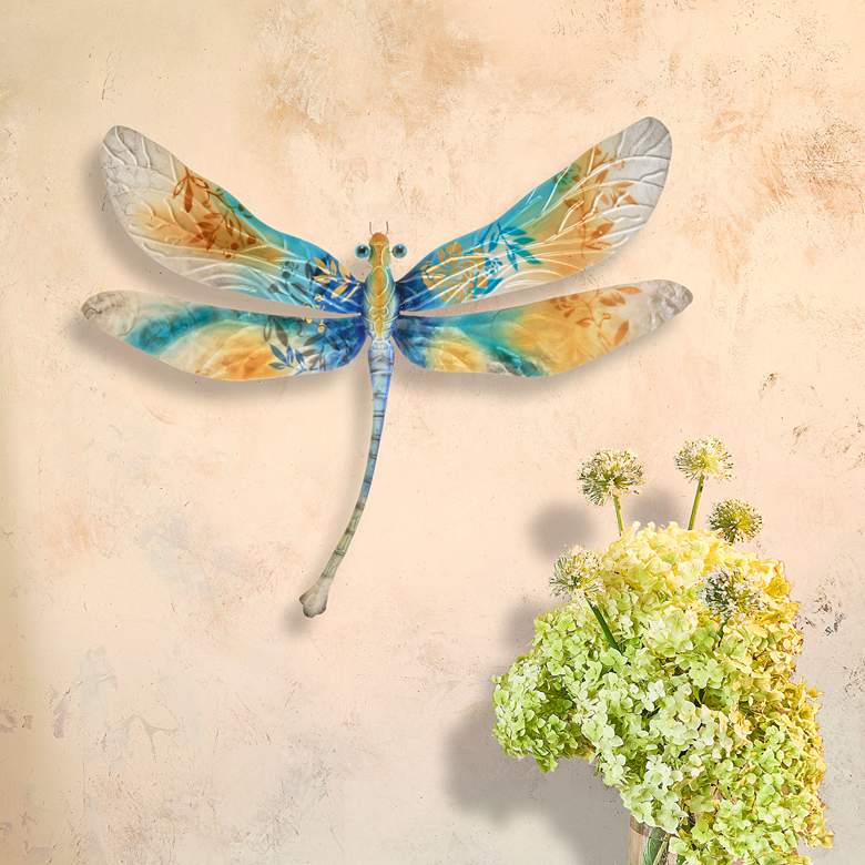 Image 1 Eangee Dragonfly 17 inchW Aqua Gold and Pearl Metal Wall Decor
