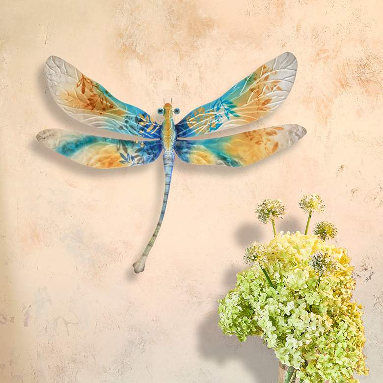 Image 1 Eangee Dragonfly 17"W Aqua Gold and Pearl Metal Wall Decor