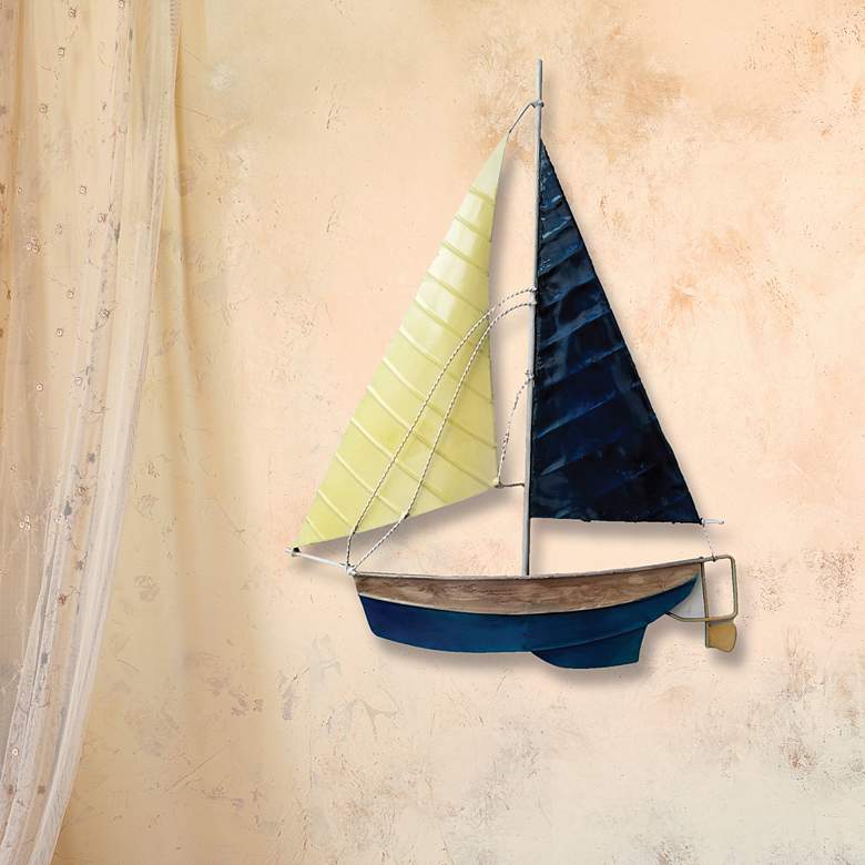 Image 1 Eangee Sailboat 11"H White and Blue Capiz Shell Wall Decor