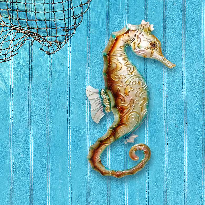 Image 1 Eangee Seahorse 12"H Tan with Blue Capiz Shell Wall Decor