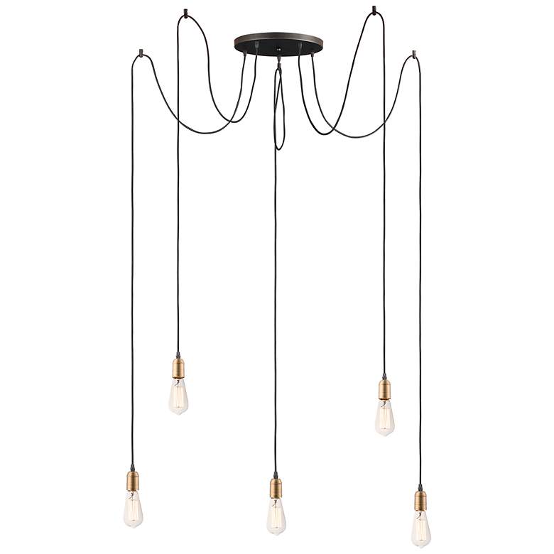 Image 1 Early Electric 13 3/4" Wide Black and Brass 5-Light Pendant