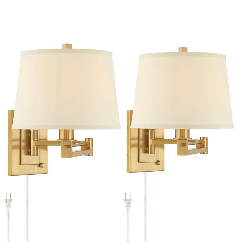 Image 1 Easley 15" High Warm Gold Plug-In Swing Arm Wall Lamp Set of 2
