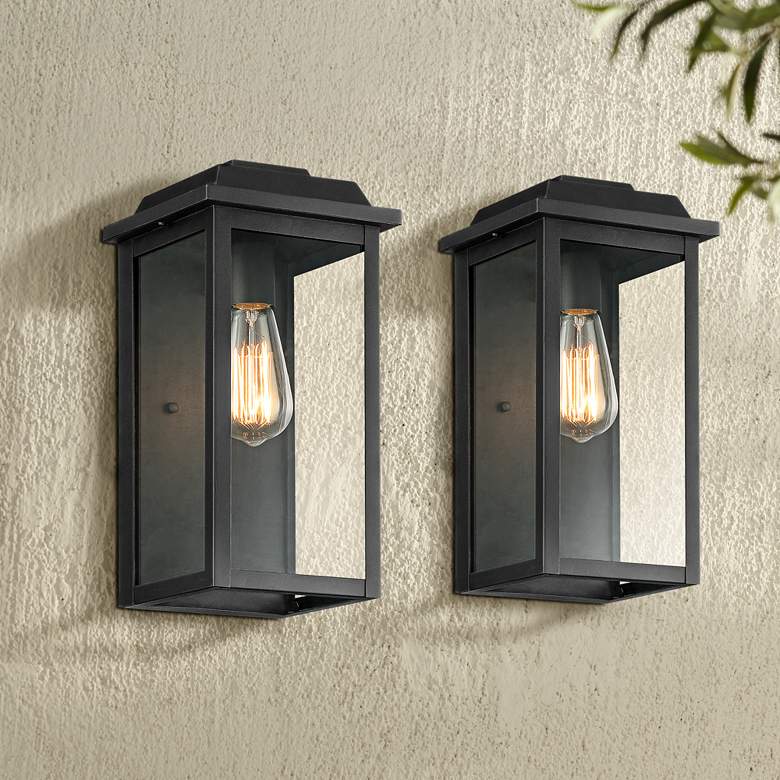 Image 1 Eastcrest 14"H Textured Black Finish Steel Outdoor Wall Light Set of 2