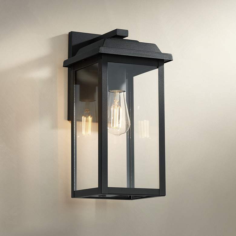 Image 1 Eastcrest 15 1/4 inch High Textured Black Steel Lantern Wall Sconce