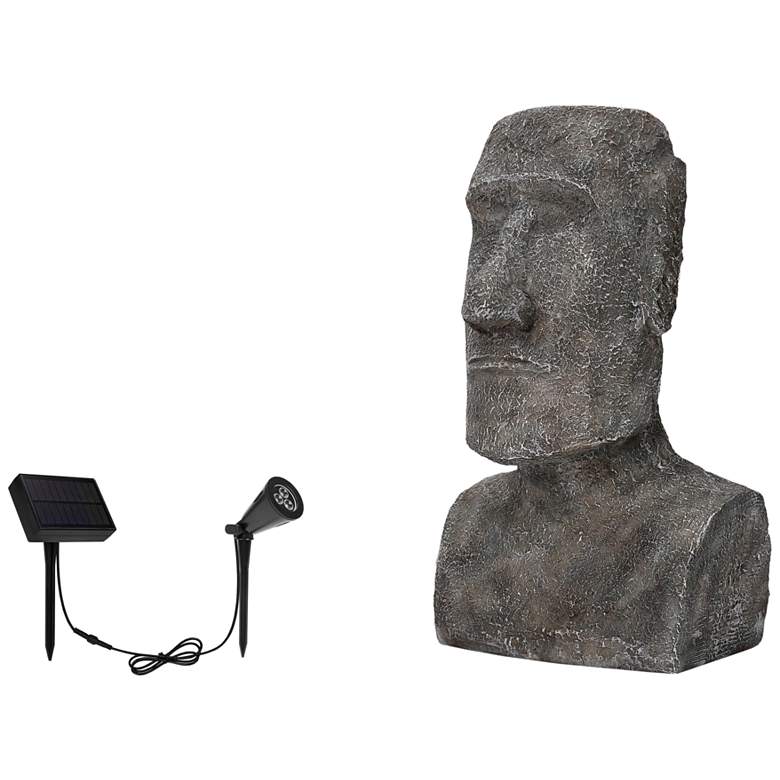 Image 1 Easter Island Head 15"H Gray Statue with Solar LED Spotlight