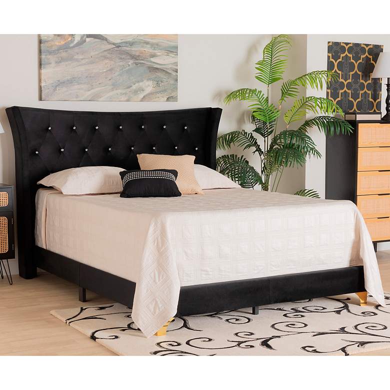 Image 1 Easton Black Velvet Fabric Queen Size Panel Bed
