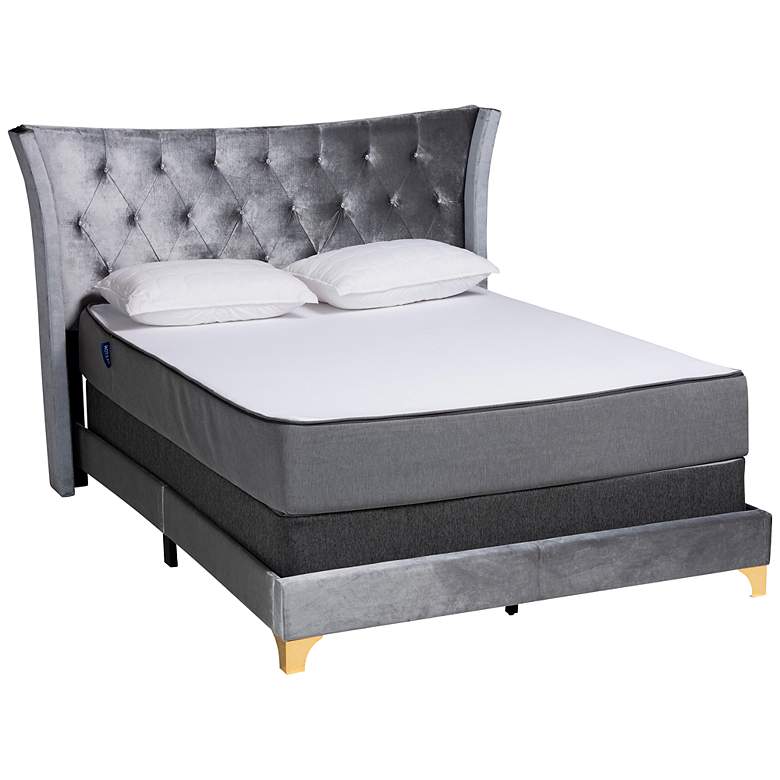Image 2 Easton Gray Velvet Fabric Queen Size Panel Bed