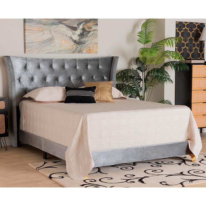 Image 1 Easton Gray Velvet Fabric Queen Size Panel Bed