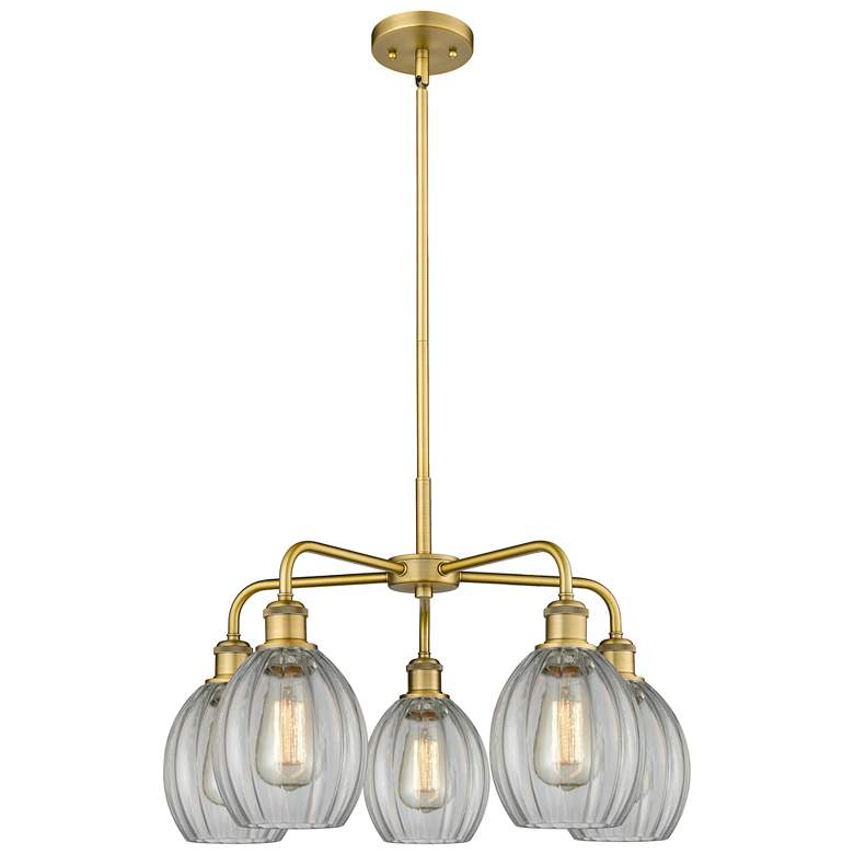 Image 1 Eaton 23.5"W 5 Light Brushed Brass Stem Hung Chandelier With Clear Sha