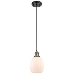 Eaton 6" Black Antique Brass Cord Hung Mini Pendant w/ Matte White Sha