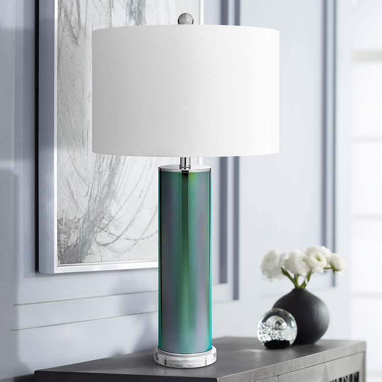 Image 1 Ebba Luster Iridescent Green Glass Cylinder LED Table Lamp