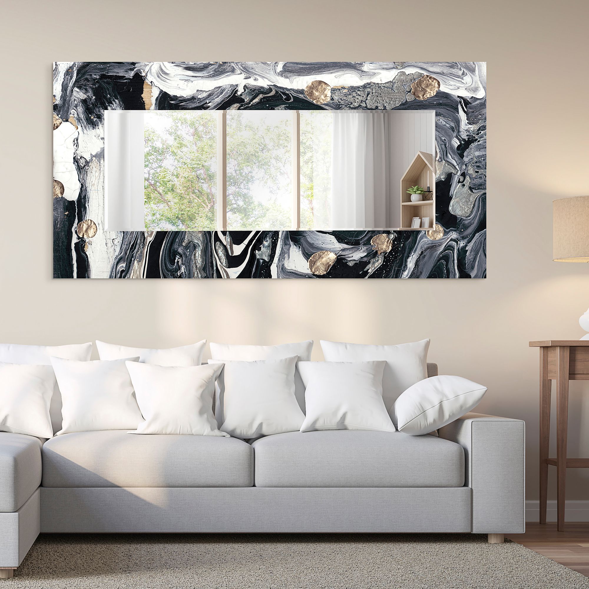 Ebony and Ivory Art Glass 36" x 72" Rectangular Wall Mirror in scene