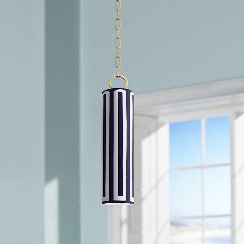Image 1 eBrookville 5 inch Wide Aged Brass Pendant Light with Blue Ceramic