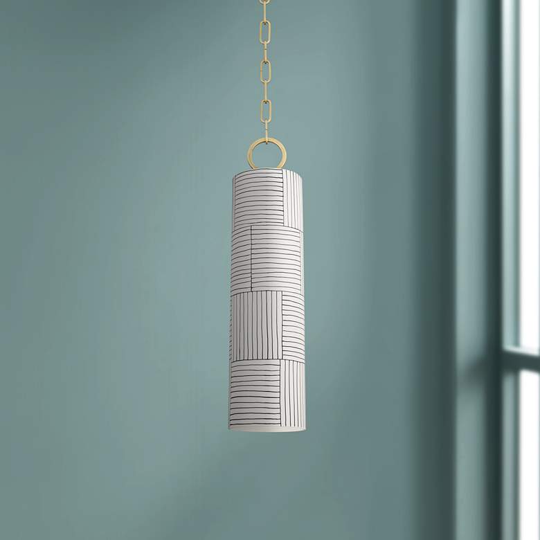 Image 1 eBrookville 5 inch Wide Aged Brass Pendant Light with Stripe Ceramic