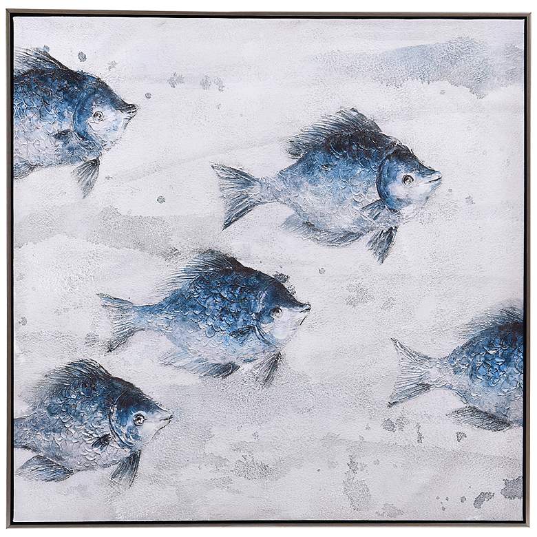 Image 1 Ecco 5 Blue Abstract Fish 33" Square Framed Canvas Wall Art