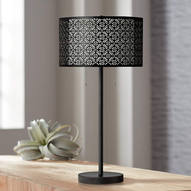 Image 1 Echo Black Table Lamp with Patterned Black Styrene Shade