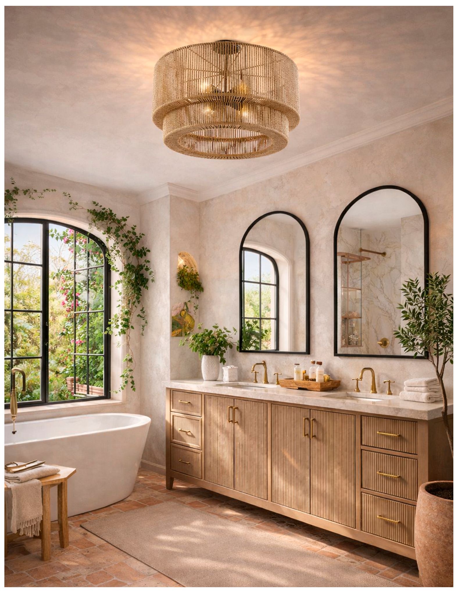 Eco Milos 24" Wide 6-Light Matte Black, Natural Semi-Flush
