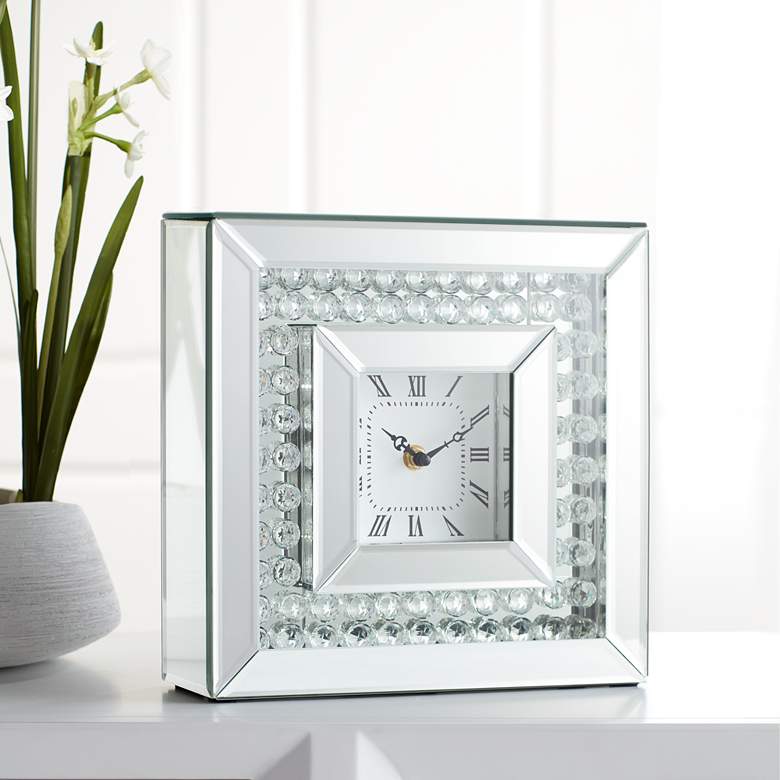 Image 1 Eden 10" Square Glossy Silver and Crystal Table Clock