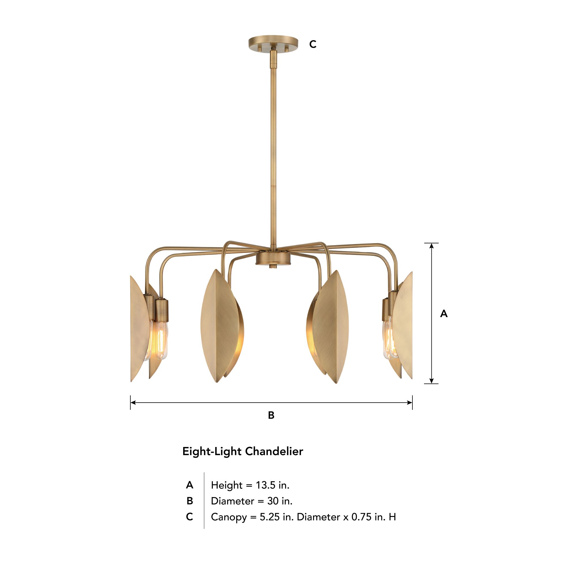Eden 30 in. 8-Light Old Satin Brass Modern Chandelier with Metal Shades