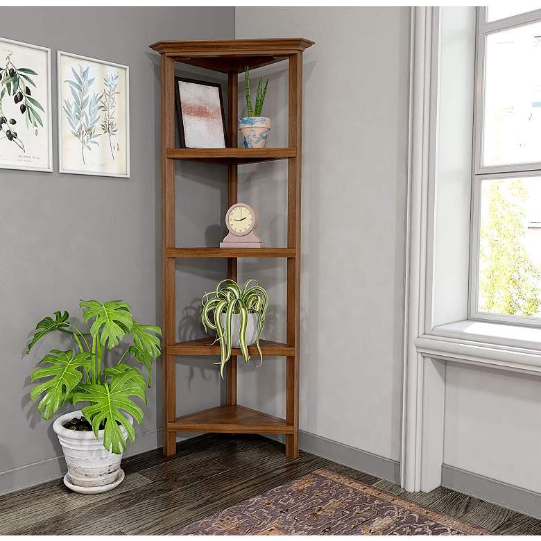 Image 5 Edenton 26 3/4"W Walnut Wood 4-Shelf Tall Corner Bookcase more views