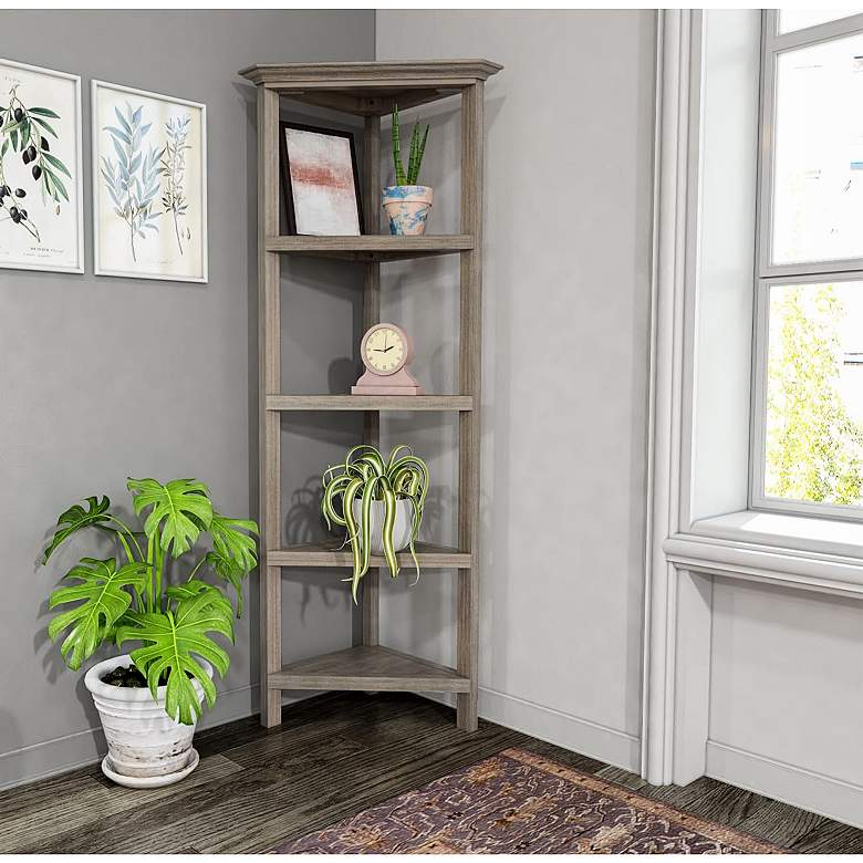 Image 6 Edenton 26 3/4"W Washed Gray 4-Shelf Tall Corner Bookcase more views