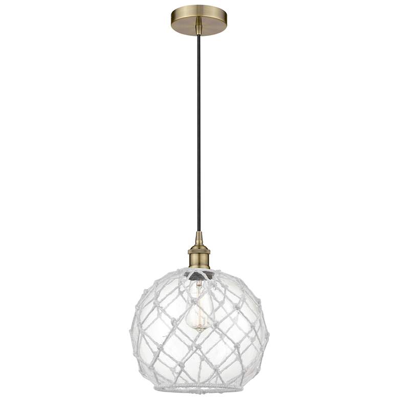 Image 1 Edison 10"W Antique Brass Corded Pendant w/ Clear Glass White Rope Sha