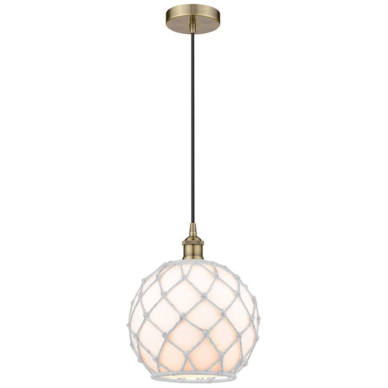 Image 1 Edison 10"W Antique Brass Corded Pendant w/ White Glass White Rope Sha
