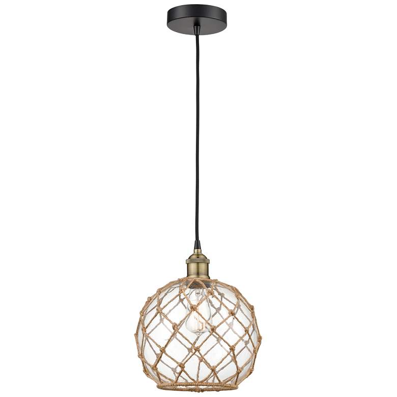 Image 1 Edison 10"W Black Brass Corded Mini Pendant w/ Clear Glass Brown Rope