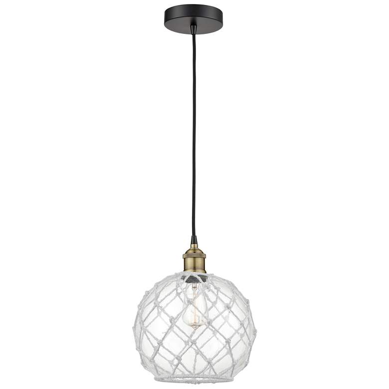 Image 1 Edison 10"W Black Brass Corded Mini Pendant w/ Clear Glass White Rope