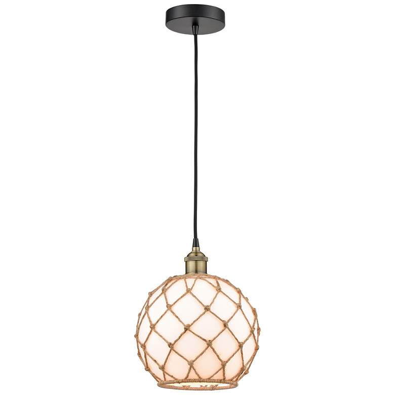 Image 1 Edison 10"W Black Brass Corded Mini Pendant w/ White Glass Brown Rope
