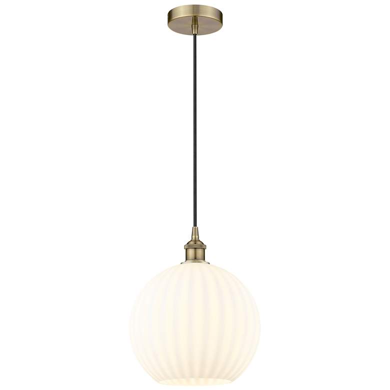 Image 1 Edison 12" Wide Antique Brass Cord Hung Pendant With White Venetian Sh