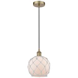 Edison 8"W Antique Brass Corded Pendant w/ White Glass White Rope Shad