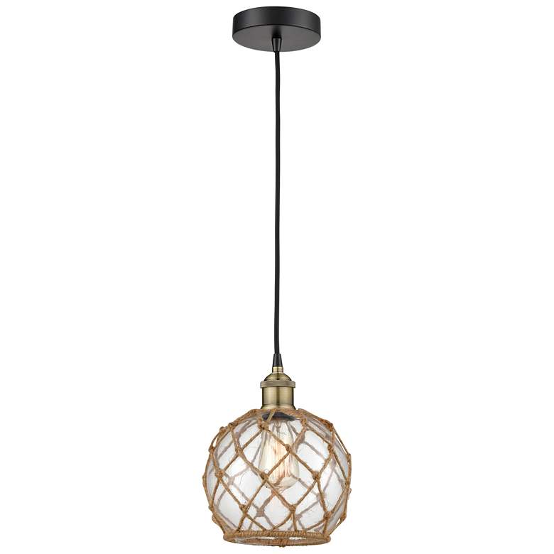 Image 1 Edison 8"W Black Brass Corded Mini Pendant w/ Clear Glass Brown Rope S