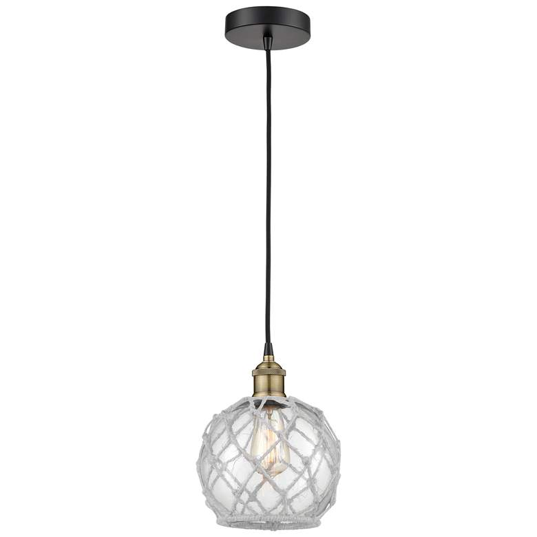 Image 1 Edison 8"W Black Brass Corded Mini Pendant w/ Clear Glass White Rope S