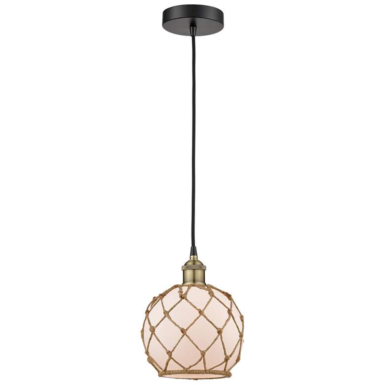 Image 1 Edison 8"W Black Brass Corded Mini Pendant w/ White Glass Brown Rope S