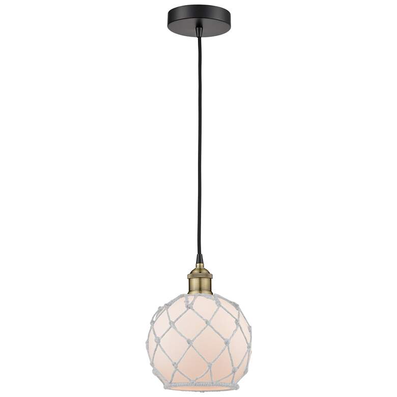 Image 1 Edison 8"W Black Brass Corded Mini Pendant w/ White Glass White Rope S